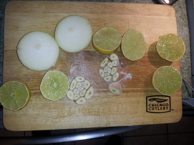 Halved an onion, an entire head of garlic, and some limes.  Next time, no lime and More Garlic.